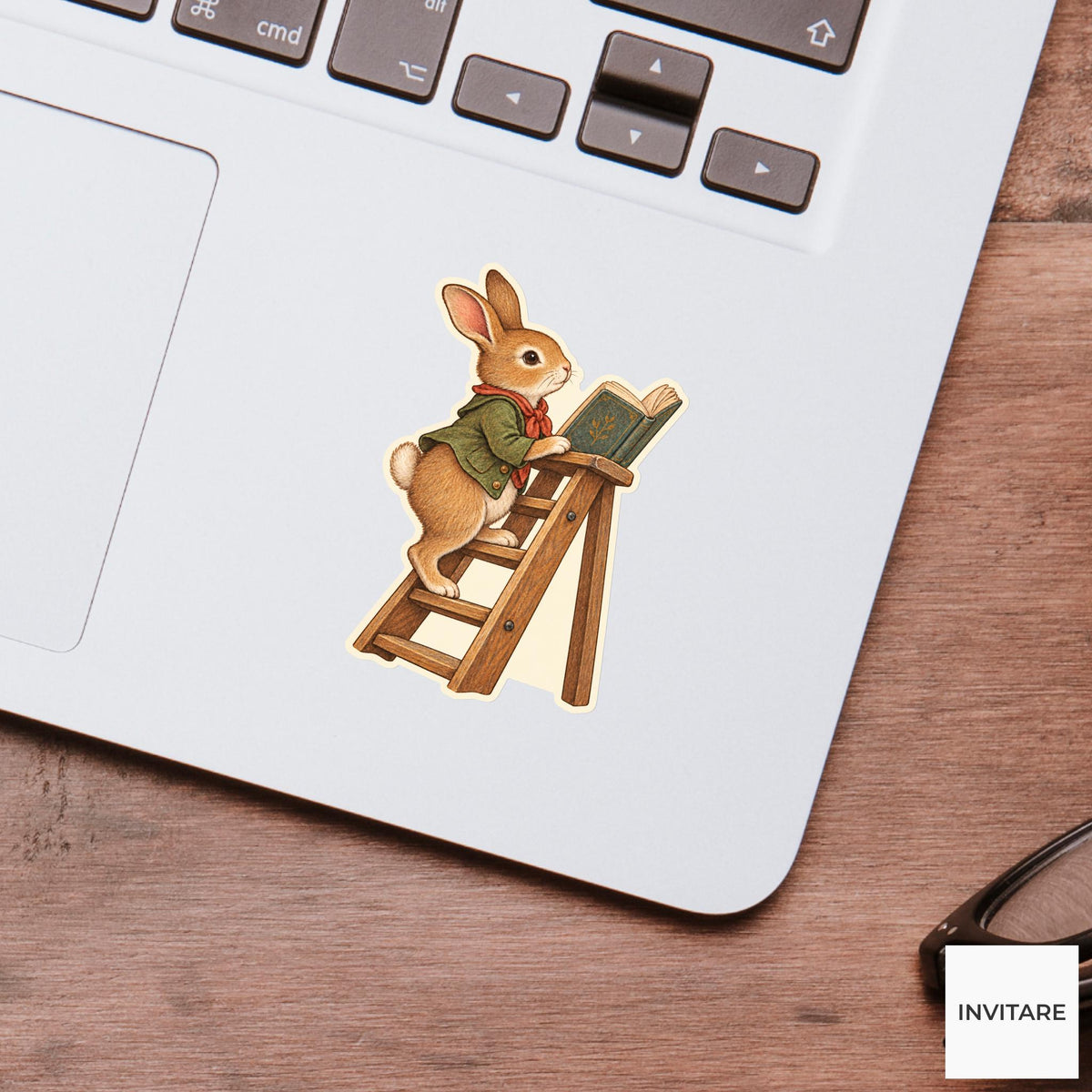 Rabbit Library Ladder Reader Vinyl Sticker, Bookish Animal Art for Journals and Laptops