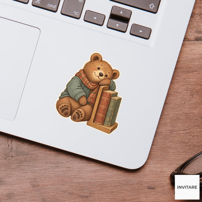 Bear Bookend Reading Rest Vinyl Sticker, Bookish Animal Art for Journals and Laptops