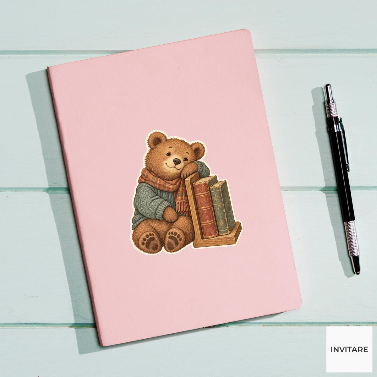 Bear Bookend Reading Rest Vinyl Sticker, Bookish Animal Art for Journals and Laptops