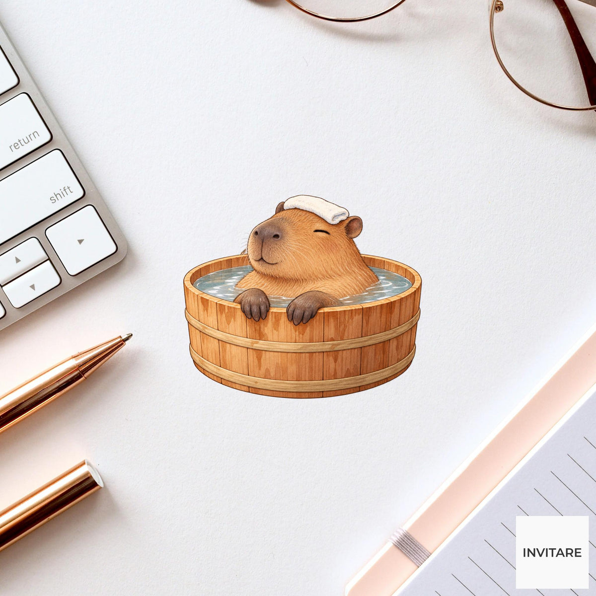 Capybara Bath Vinyl Sticker, Tiny Cedar Tub, Cozy Animal Spa Decal, Slow Living Gift