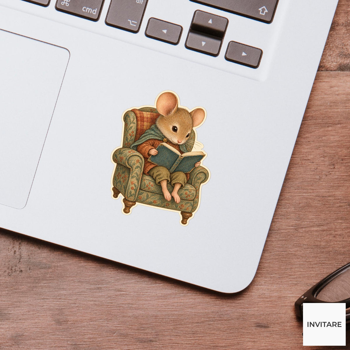 Mouse Reading Armchair Vinyl Sticker, Bookish Animal Art for Journals and Laptops