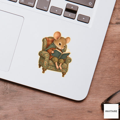 Mouse Reading Armchair Vinyl Sticker, Bookish Animal Art for Journals and Laptops