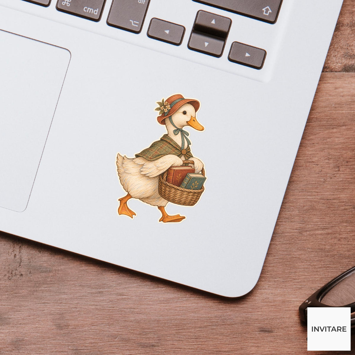 Duck Basket of Books Vinyl Sticker, Bookish Animal Art for Journals and Laptops