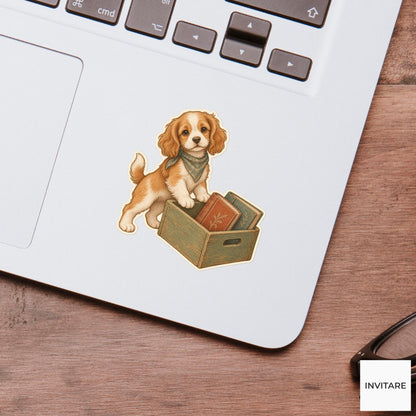 Dog Wooden Book Crate Vinyl Sticker, Bookish Animal Art for Journals and Laptops