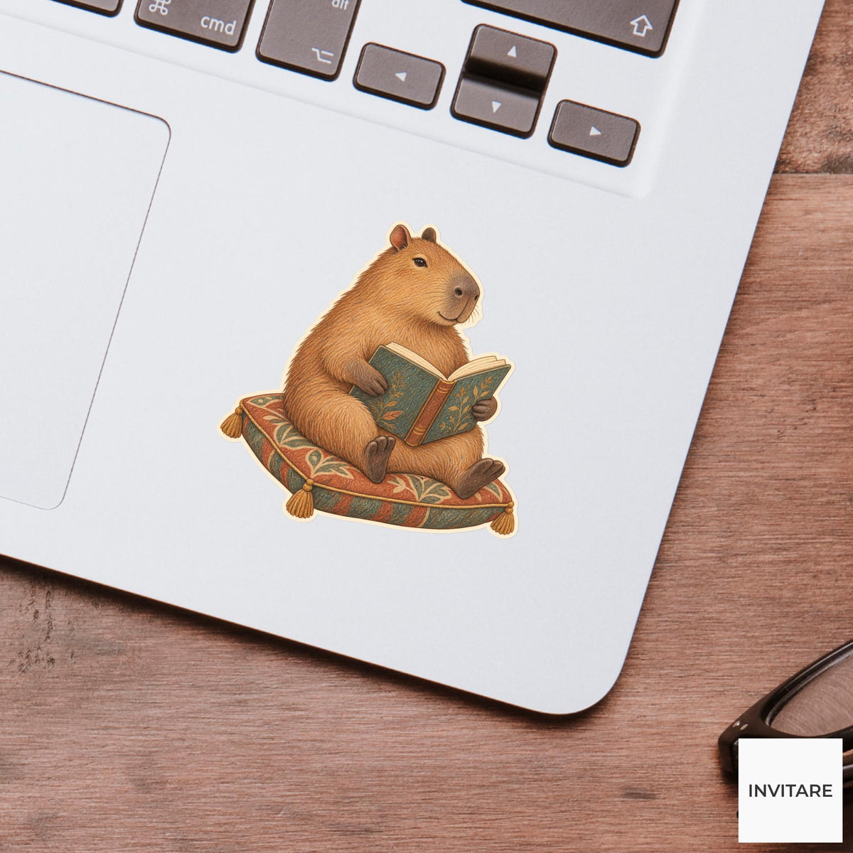 Capybara Reading Cushion Vinyl Sticker, Bookish Animal Art for Journals and Laptops