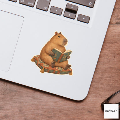 Capybara Reading Cushion Vinyl Sticker, Bookish Animal Art for Journals and Laptops