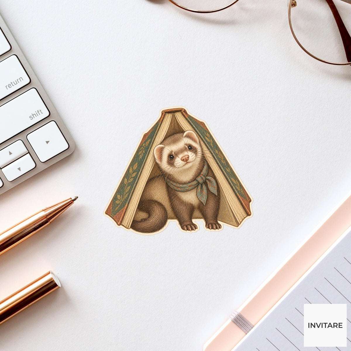 Ferret Hardcover Book Tent Vinyl Sticker, Bookish Animal Art for Journals and Laptops