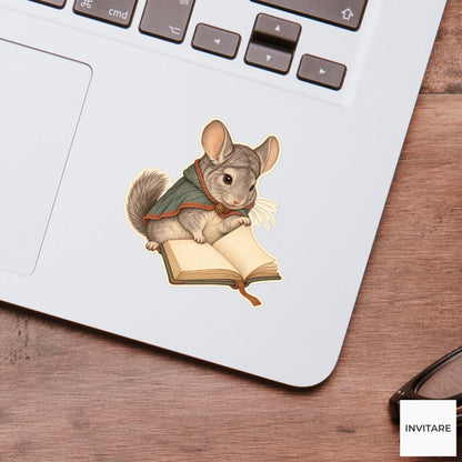 Chinchilla Open Book Reader Vinyl Sticker, Bookish Animal Art for Journals and Laptops
