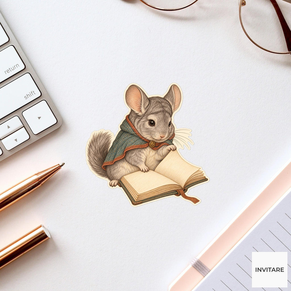 Chinchilla Open Book Reader Vinyl Sticker, Bookish Animal Art for Journals and Laptops