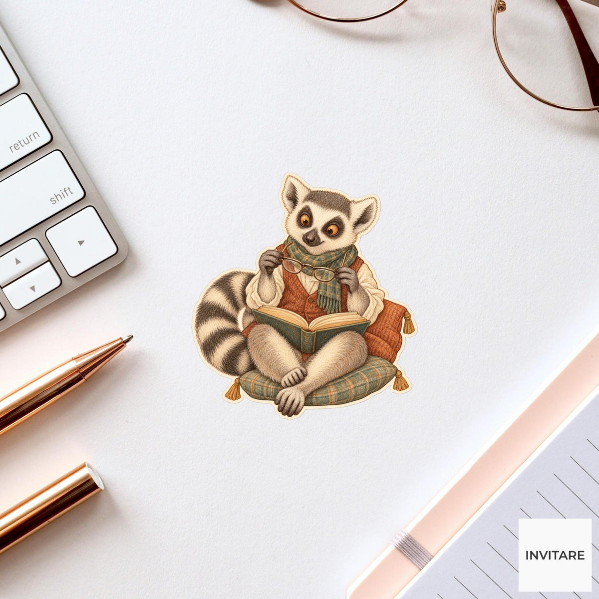 Lemur Round Reading Glasses Vinyl Sticker, Bookish Animal Art for Journals and Laptops