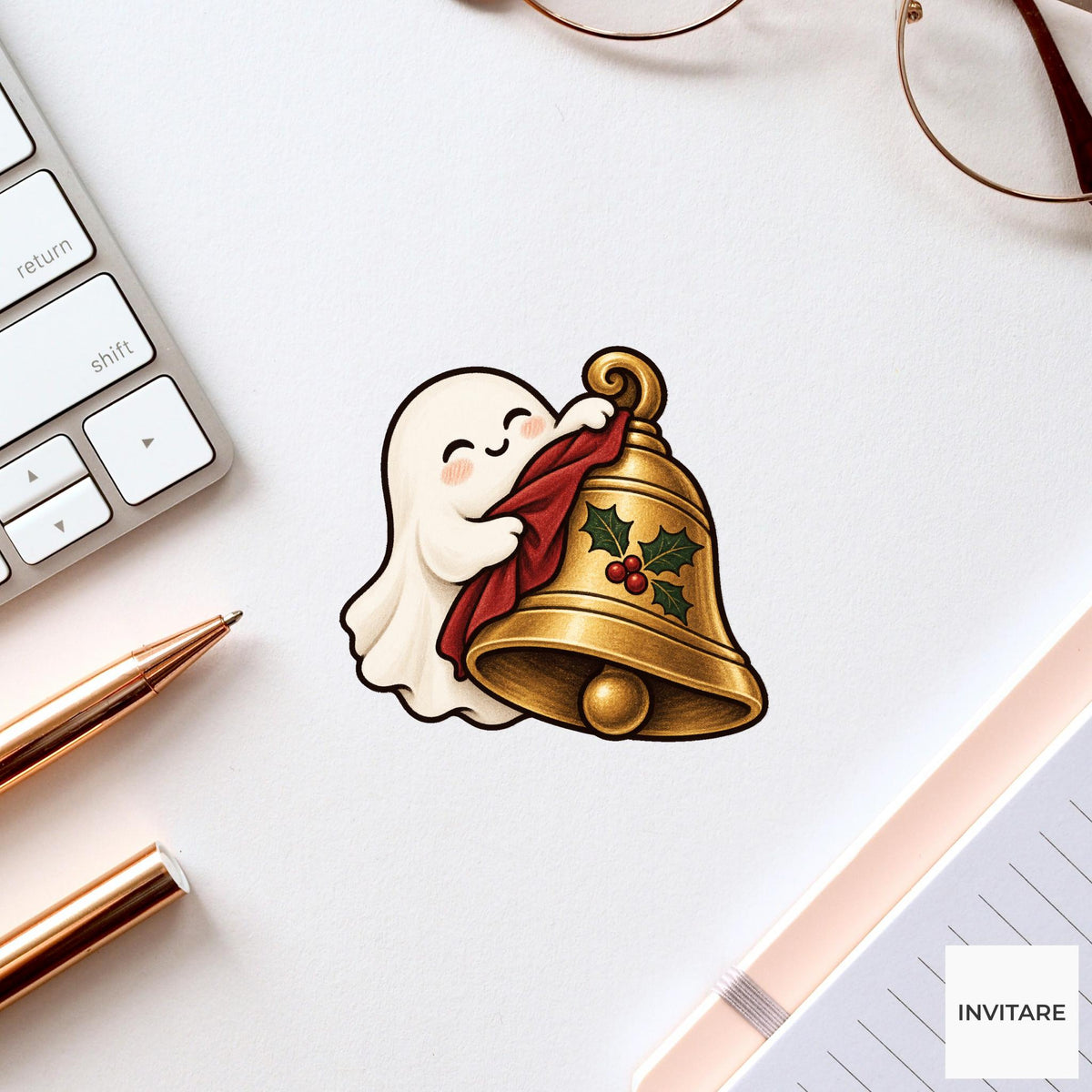 Christmas Bell Polisher Ghost Vinyl Sticker, Cozy Christmas Chore, Festive Ghost Decal