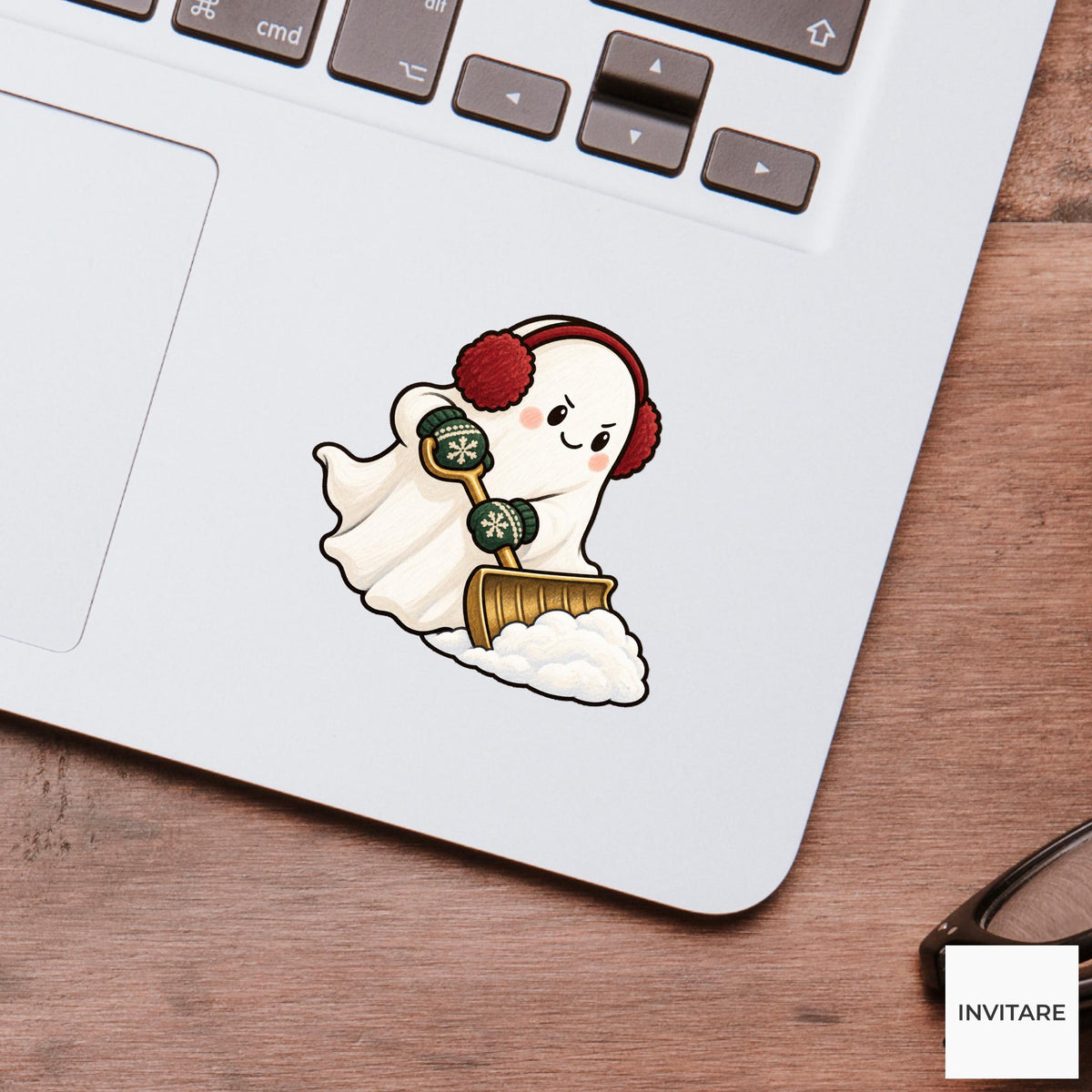 Snow Shoveling Ghost Vinyl Sticker, Cozy Christmas Chore, Festive Ghost Decal