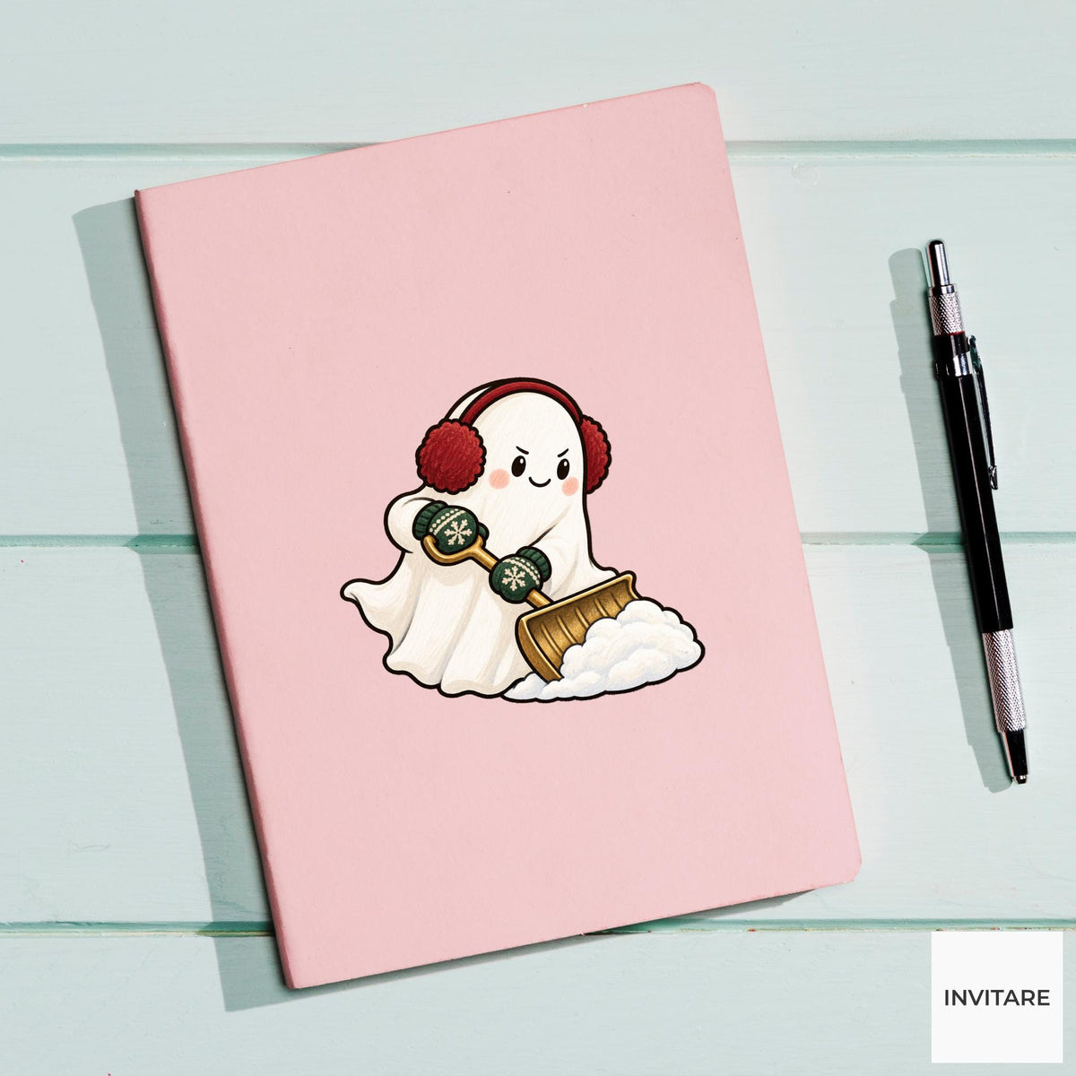 Snow Shoveling Ghost Vinyl Sticker, Cozy Christmas Chore, Festive Ghost Decal