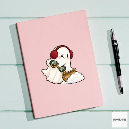 Snow Shoveling Ghost Vinyl Sticker, Cozy Christmas Chore, Festive Ghost Decal
