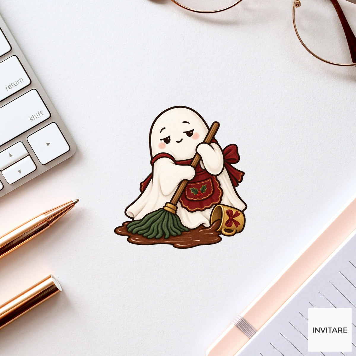 Cocoa Cleanup Ghost Vinyl Sticker, Cozy Christmas Chore, Festive Ghost Decal