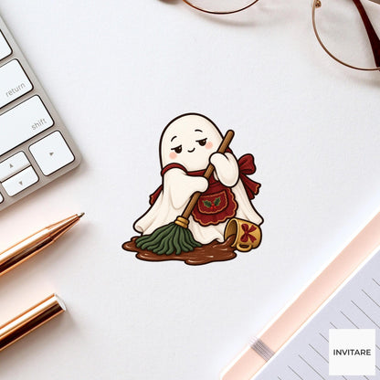 Cocoa Cleanup Ghost Vinyl Sticker, Cozy Christmas Chore, Festive Ghost Decal