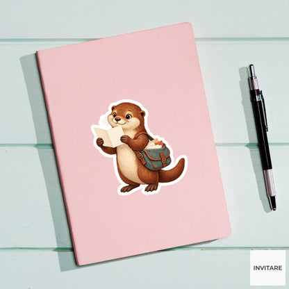 Otter Reading an Open Letter Vinyl Sticker, Vintage Post Office Art