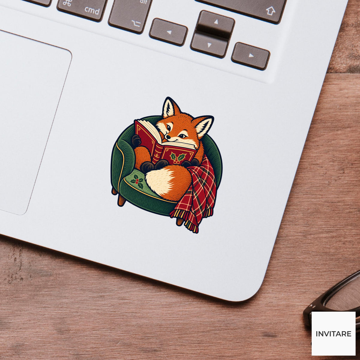 Fox Armchair Story Vinyl Sticker, Cozy Christmas Reading Animal Decal, Book Lover Gift