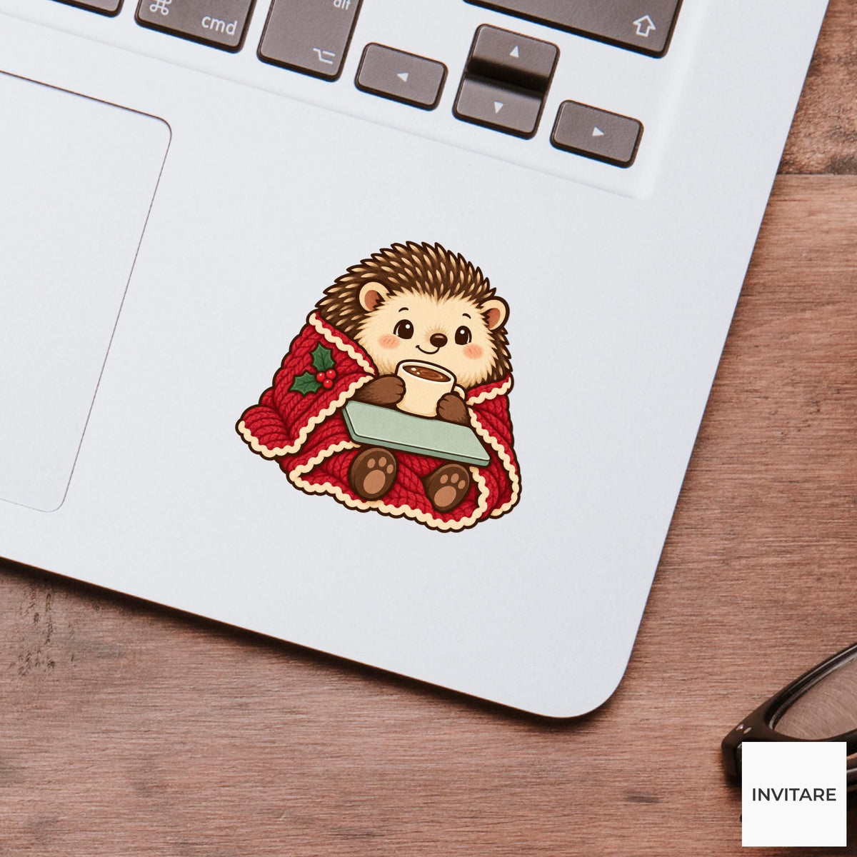 Hedgehog Laptop Closed Vinyl Sticker, Christmas Cocoa and Workday Wind Down
