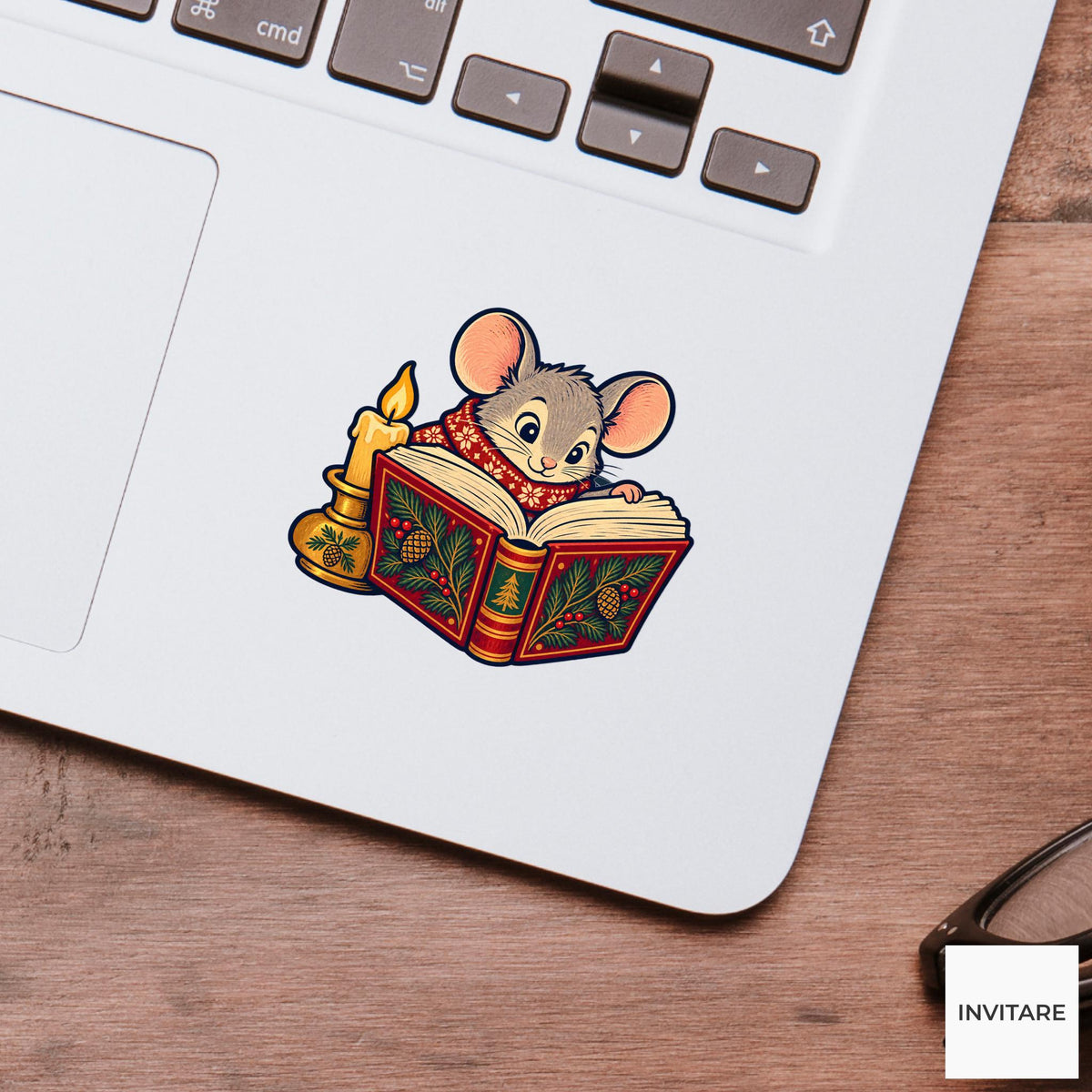 Mouse Candlelit Chapter Vinyl Sticker, Cozy Christmas Reading Animal Decal, Book Lover Gift
