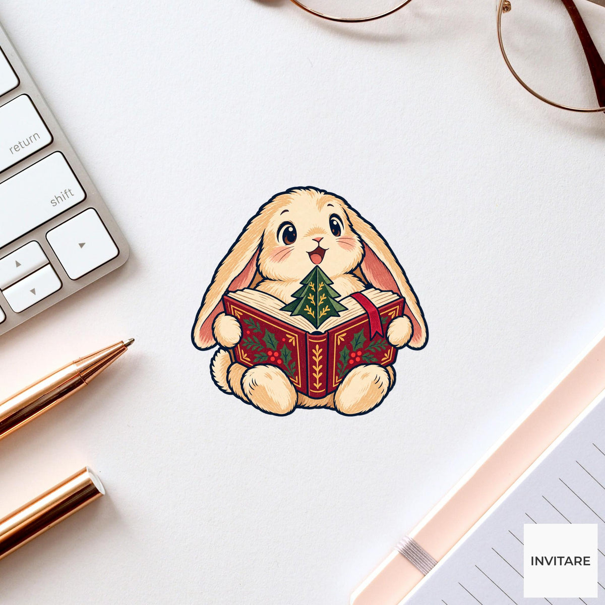 Rabbit Pop Up Fir Book Vinyl Sticker, Cozy Christmas Reading Animal Decal, Book Lover Gift