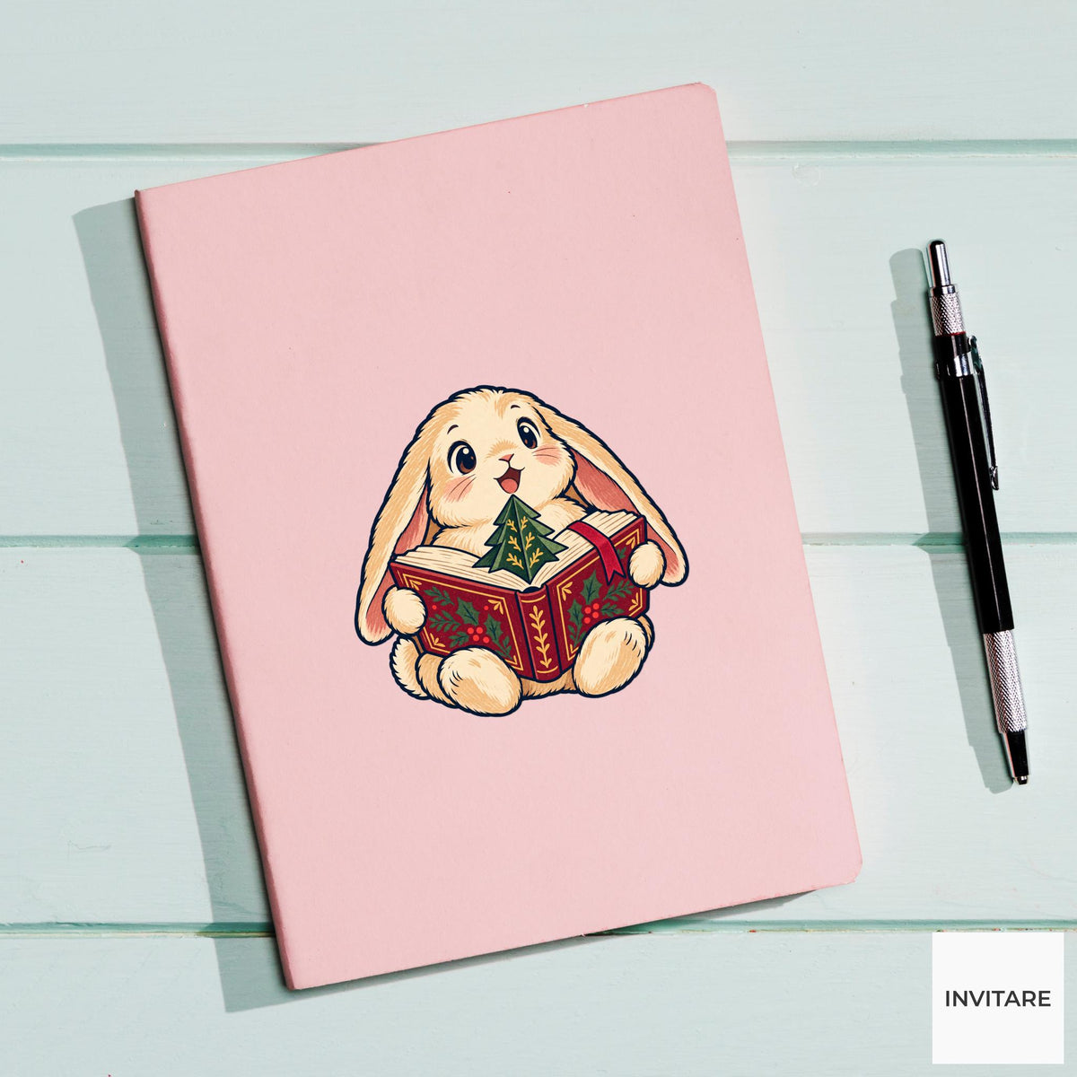 Rabbit Pop Up Fir Book Vinyl Sticker, Cozy Christmas Reading Animal Decal, Book Lover Gift