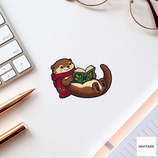 Otter Belly Book Vinyl Sticker, Cozy Christmas Reading Animal Decal, Book Lover Gift