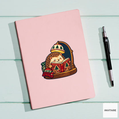 Hedgehog Reading Lamp Vinyl Sticker, Cozy Christmas Reading Animal Decal, Book Lover Gift