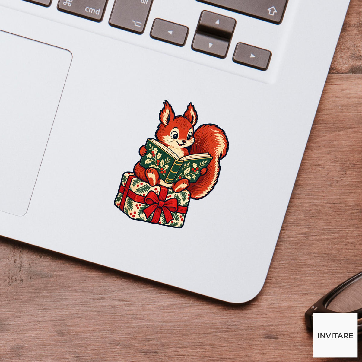 Squirrel Parcel Bookrest Vinyl Sticker, Cozy Christmas Reading Animal Decal, Book Lover Gift