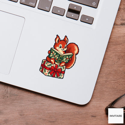 Squirrel Parcel Bookrest Vinyl Sticker, Cozy Christmas Reading Animal Decal, Book Lover Gift