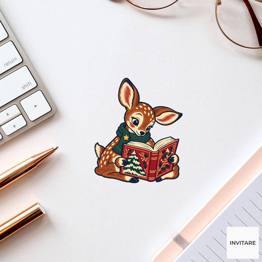 Fawn Winter Folio Vinyl Sticker, Cozy Christmas Reading Animal Decal, Book Lover Gift