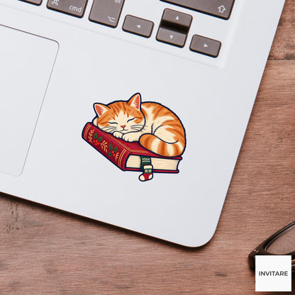 Cat Bookmark Nap Vinyl Sticker, Cozy Christmas Reading Animal Decal, Book Lover Gift