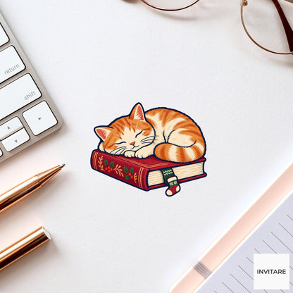 Cat Bookmark Nap Vinyl Sticker, Cozy Christmas Reading Animal Decal, Book Lover Gift