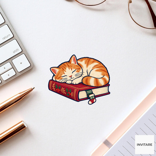 Cat Bookmark Nap Vinyl Sticker, Cozy Christmas Reading Animal Decal, Book Lover Gift