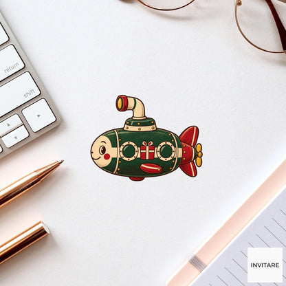 Retro Toy Submarine Vinyl Sticker, Christmas Tin Toy