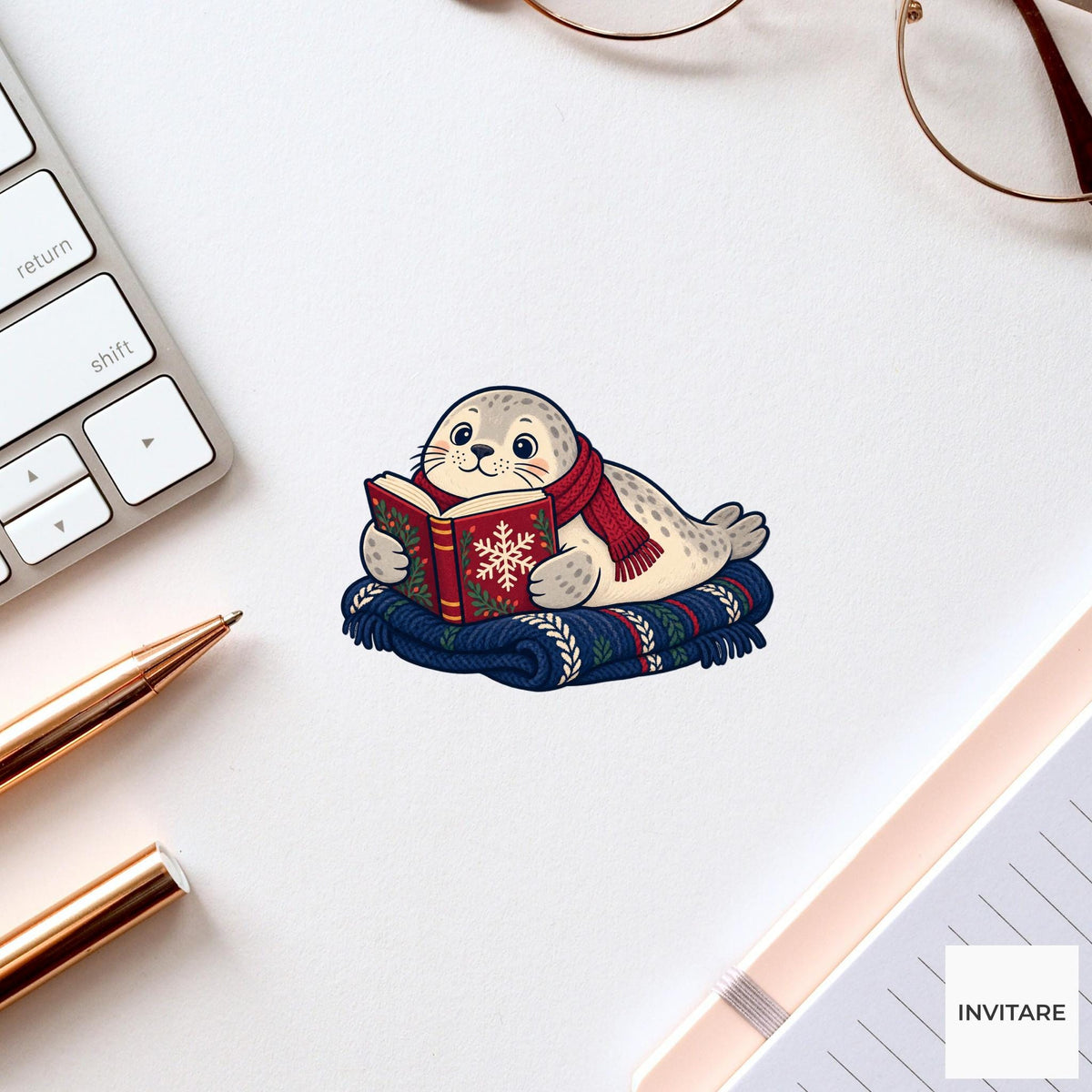 Seal Snowy Story Vinyl Sticker, Cozy Christmas Reading Animal Decal, Book Lover Gift