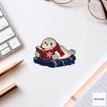 Seal Snowy Story Vinyl Sticker, Cozy Christmas Reading Animal Decal, Book Lover Gift