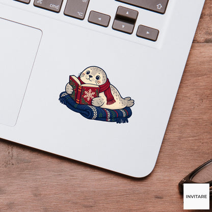 Seal Snowy Story Vinyl Sticker, Cozy Christmas Reading Animal Decal, Book Lover Gift