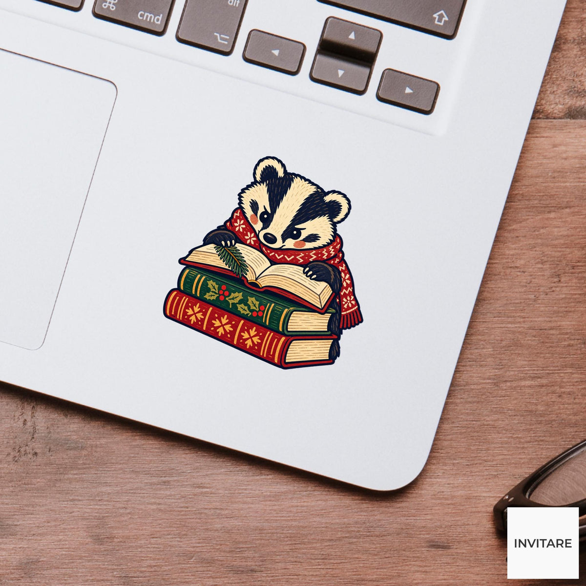 Badger Book Pile Vinyl Sticker, Cozy Christmas Reading Animal Decal, Book Lover Gift