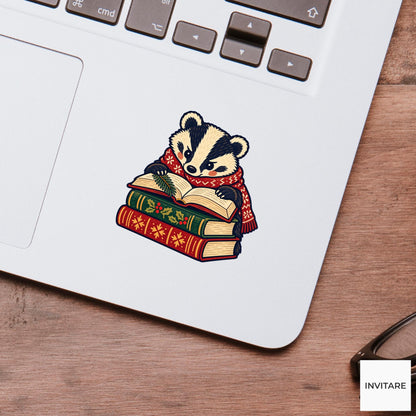 Badger Book Pile Vinyl Sticker, Cozy Christmas Reading Animal Decal, Book Lover Gift