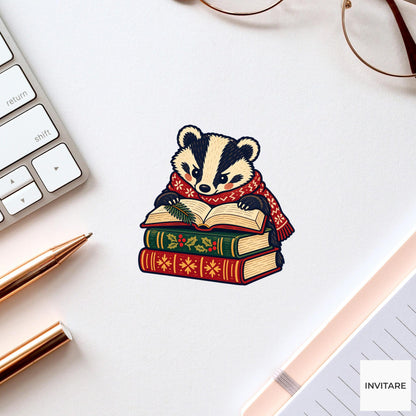 Badger Book Pile Vinyl Sticker, Cozy Christmas Reading Animal Decal, Book Lover Gift