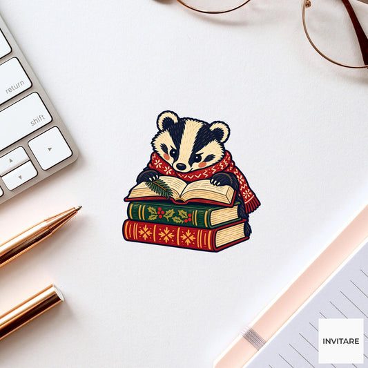 Badger Book Pile Vinyl Sticker, Cozy Christmas Reading Animal Decal, Book Lover Gift