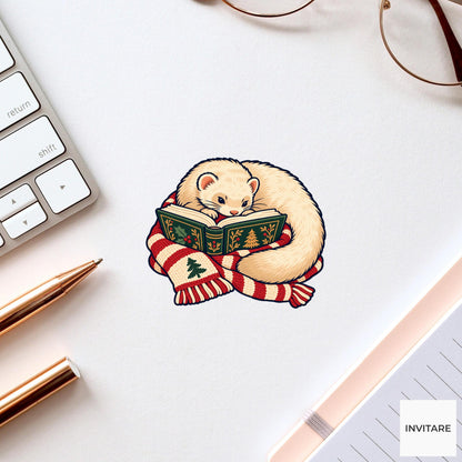 Ferret Scarf Reading Loop Vinyl Sticker, Cozy Christmas Reading Animal Decal, Book Lover Gift
