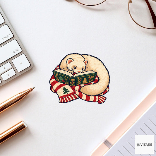 Ferret Scarf Reading Loop Vinyl Sticker, Cozy Christmas Reading Animal Decal, Book Lover Gift