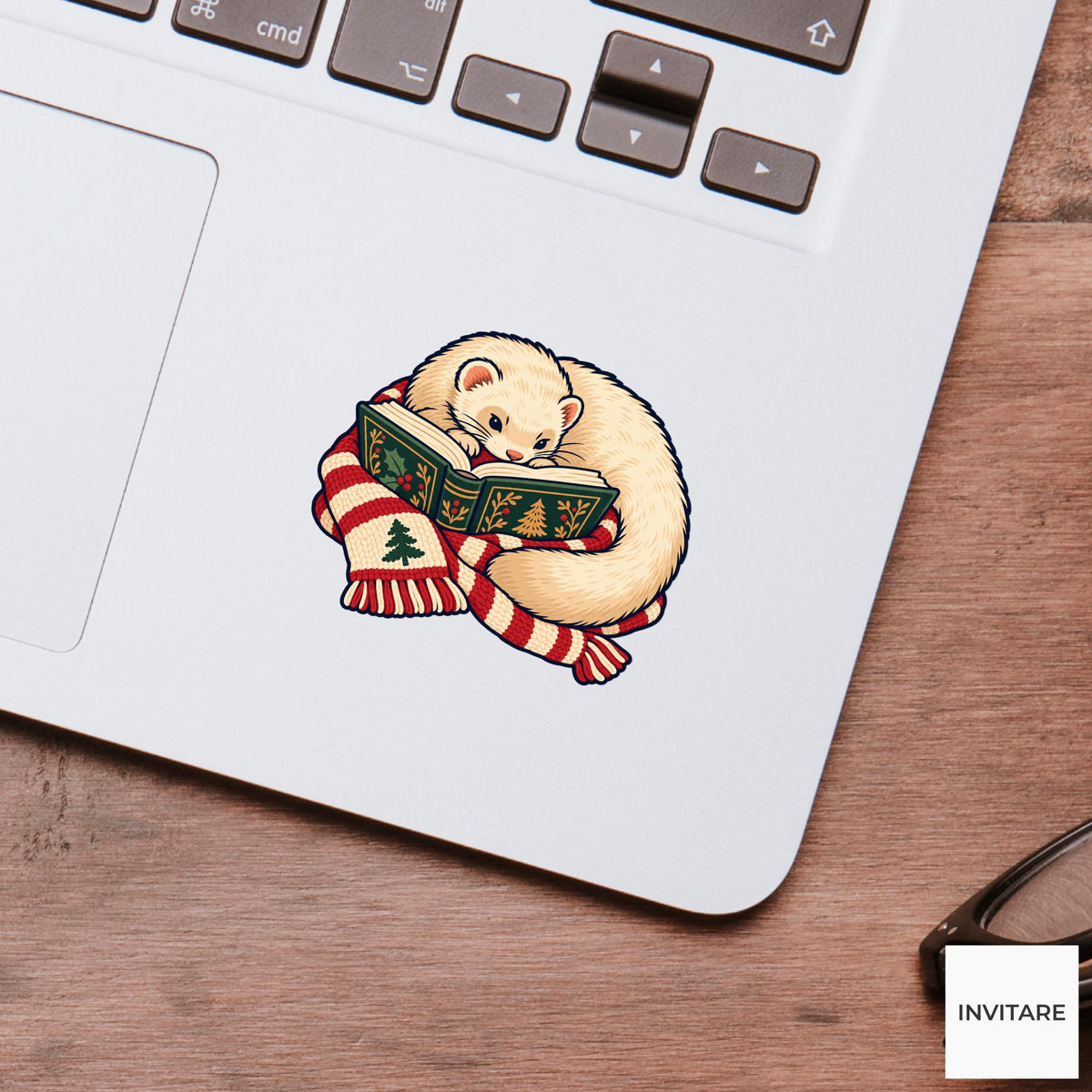 Ferret Scarf Reading Loop Vinyl Sticker, Cozy Christmas Reading Animal Decal, Book Lover Gift