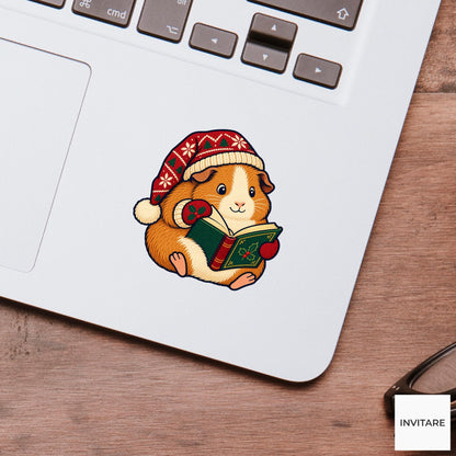 Guinea Pig Page Turner Vinyl Sticker, Cozy Christmas Reading Animal Decal, Book Lover Gift