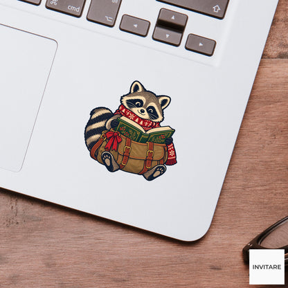 Raccoon Library Satchel Vinyl Sticker, Cozy Christmas Reading Animal Decal, Book Lover Gift