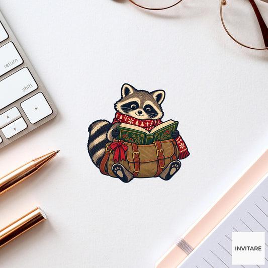 Raccoon Library Satchel Vinyl Sticker, Cozy Christmas Reading Animal Decal, Book Lover Gift