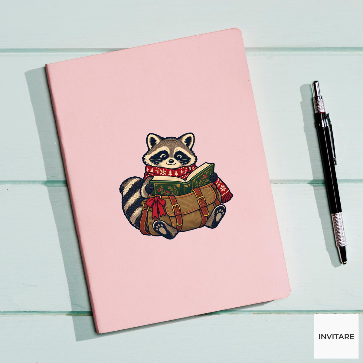 Raccoon Library Satchel Vinyl Sticker, Cozy Christmas Reading Animal Decal, Book Lover Gift