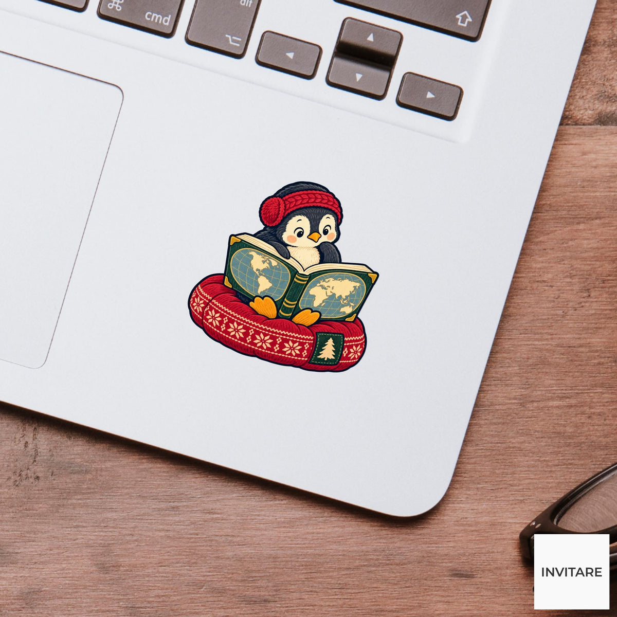 Penguin Bedtime Atlas Vinyl Sticker, Cozy Christmas Reading Animal Decal, Book Lover Gift